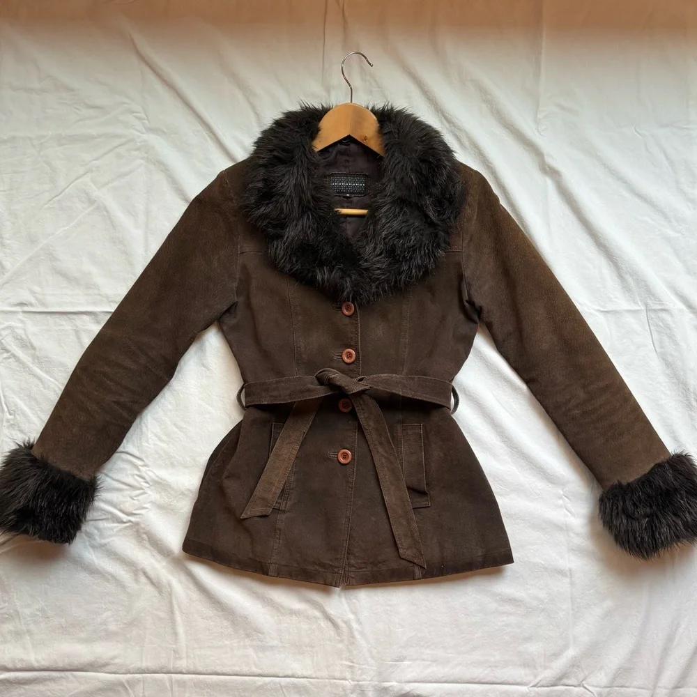 vintage 2000s suede faux fur brown penny lane coat - Picture 5 of 10